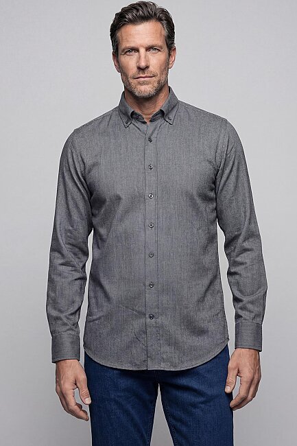 Regular Fit Paşa Yaka Pamuk Koyu Gri Erkek Gömlek - 1
