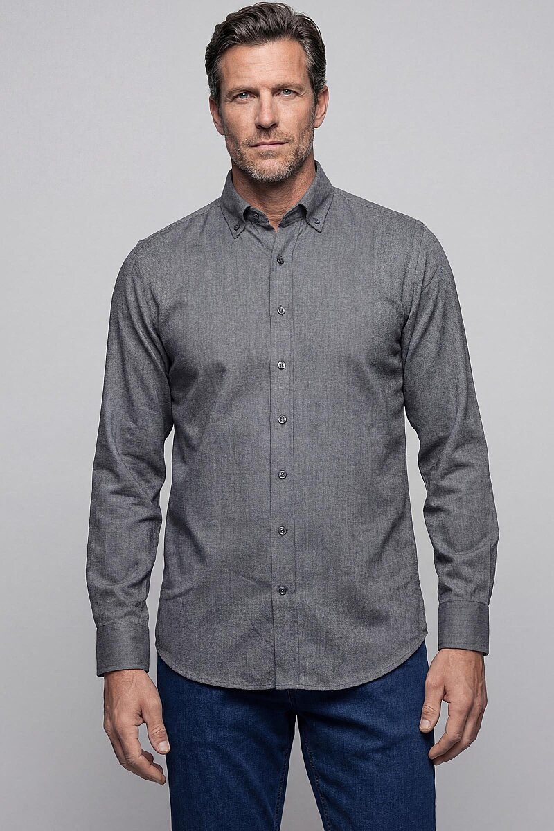 Regular Fit Paşa Yaka Pamuk Koyu Gri Erkek Gömlek - 1