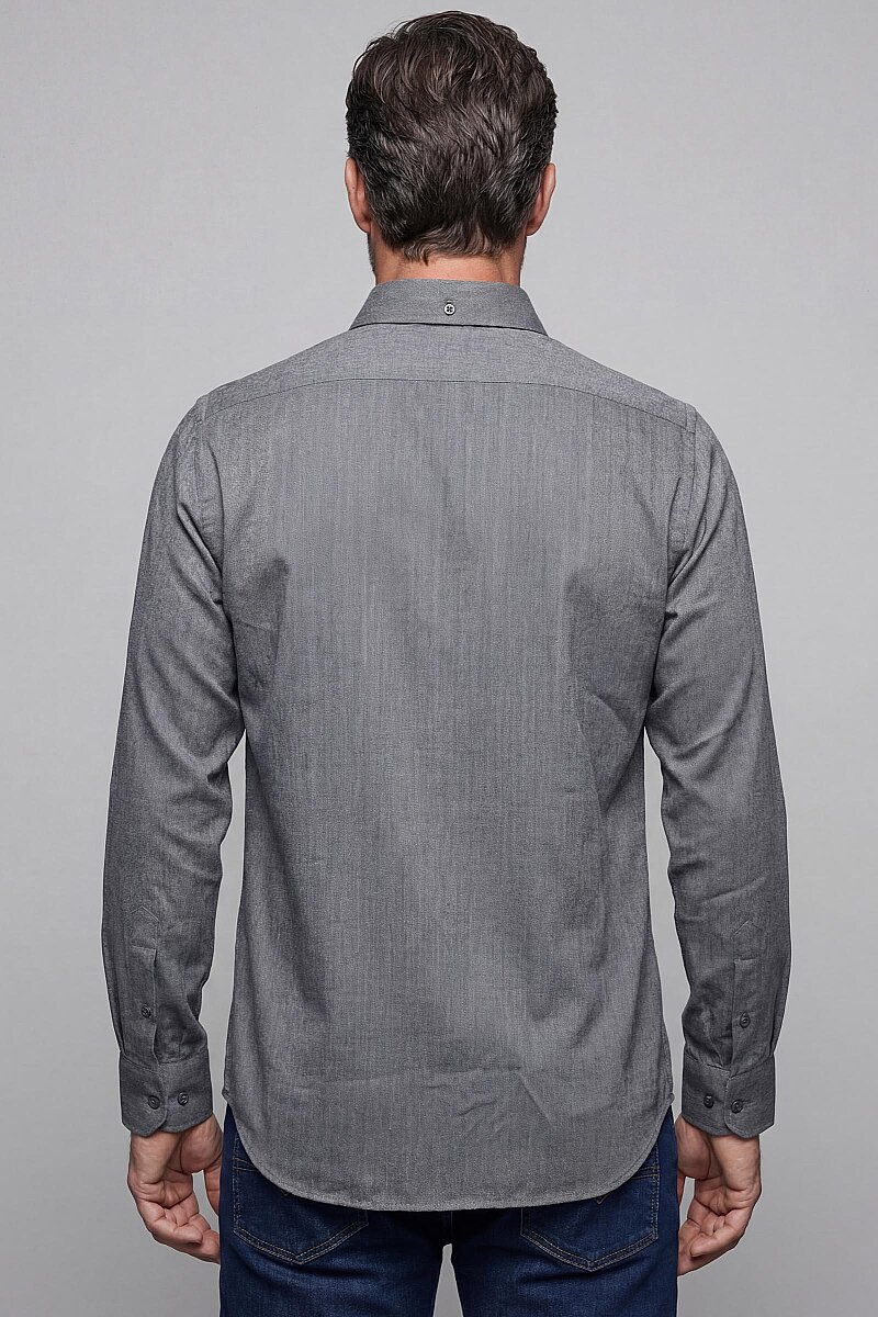 Regular Fit Paşa Yaka Pamuk Koyu Gri Erkek Gömlek - 2
