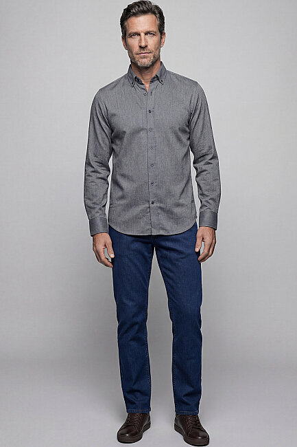 Regular Fit Paşa Yaka Pamuk Koyu Gri Erkek Gömlek - 5