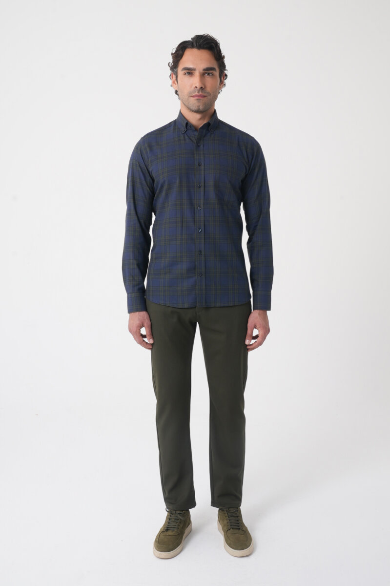 Regular Fit Paşa Yaka Pamuk Koyu Yeşil Erkek Gömlek - 3