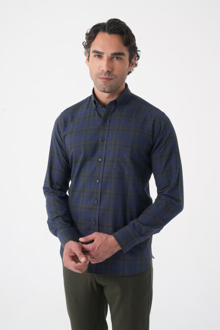 Regular Fit Paşa Yaka Pamuk Koyu Yeşil Erkek Gömlek (1)