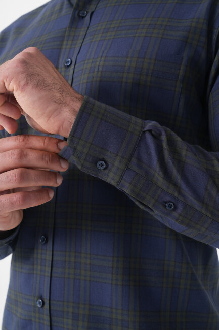 Regular Fit Paşa Yaka Pamuk Koyu Yeşil Erkek Gömlek - 6