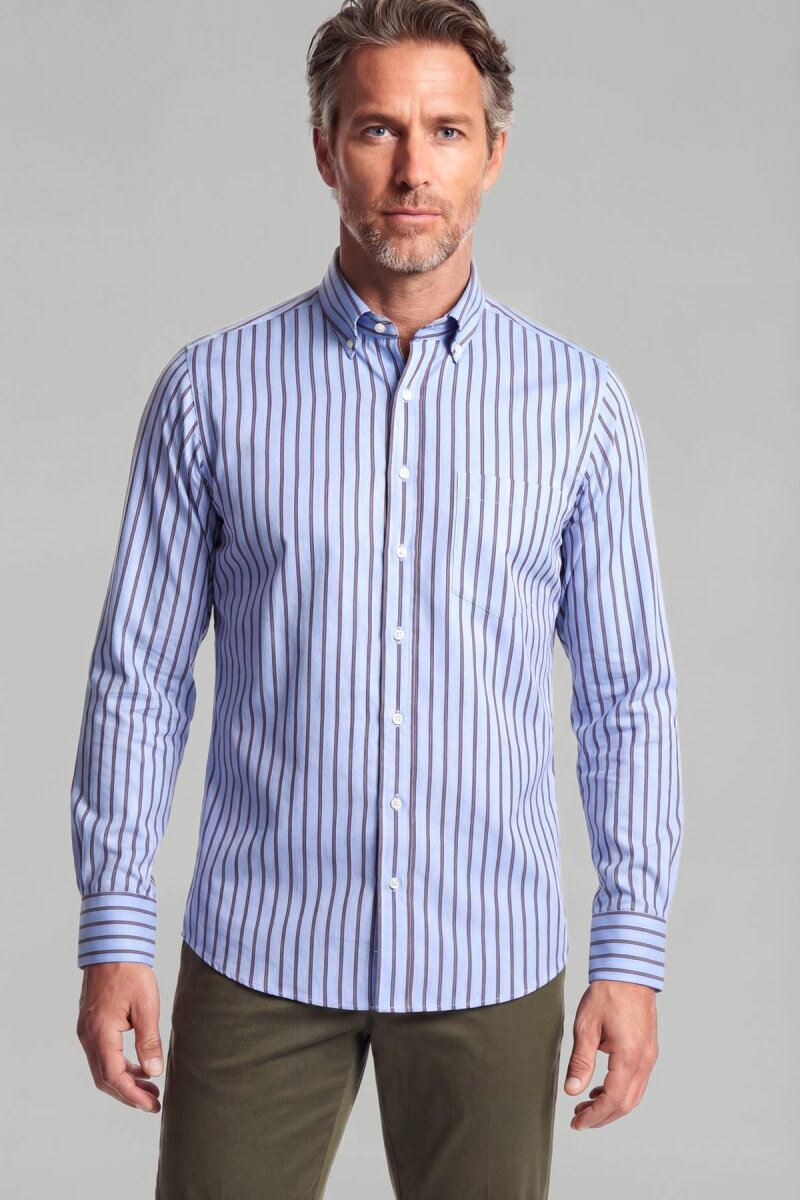 Regular Fit Paşa Yaka Pamuk Mavi Kahve Erkek Gömlek - 3