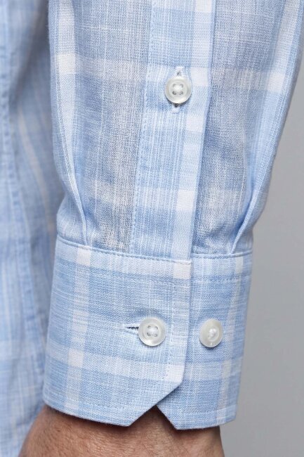 Regular Fit Paşa Yaka Pamuk Mavi Spor Erkek Gömlek - 3