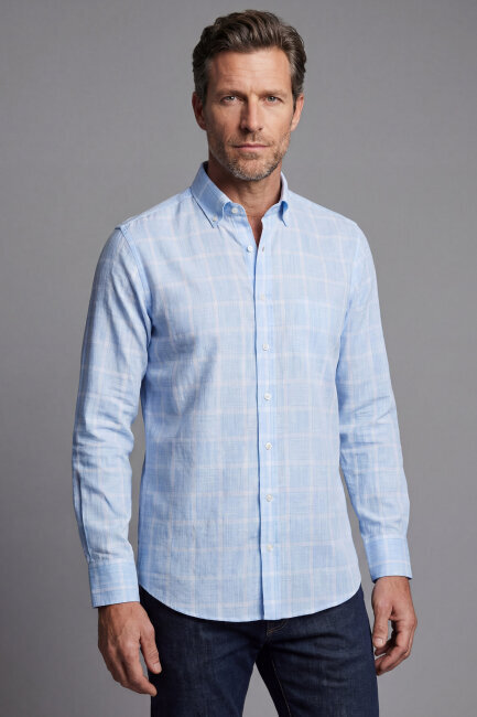 Regular Fit Paşa Yaka Pamuk Mavi Spor Erkek Gömlek - 1