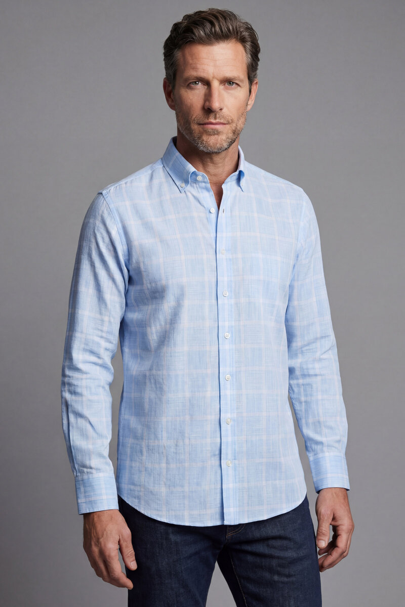 Regular Fit Paşa Yaka Pamuk Mavi Spor Erkek Gömlek - 1