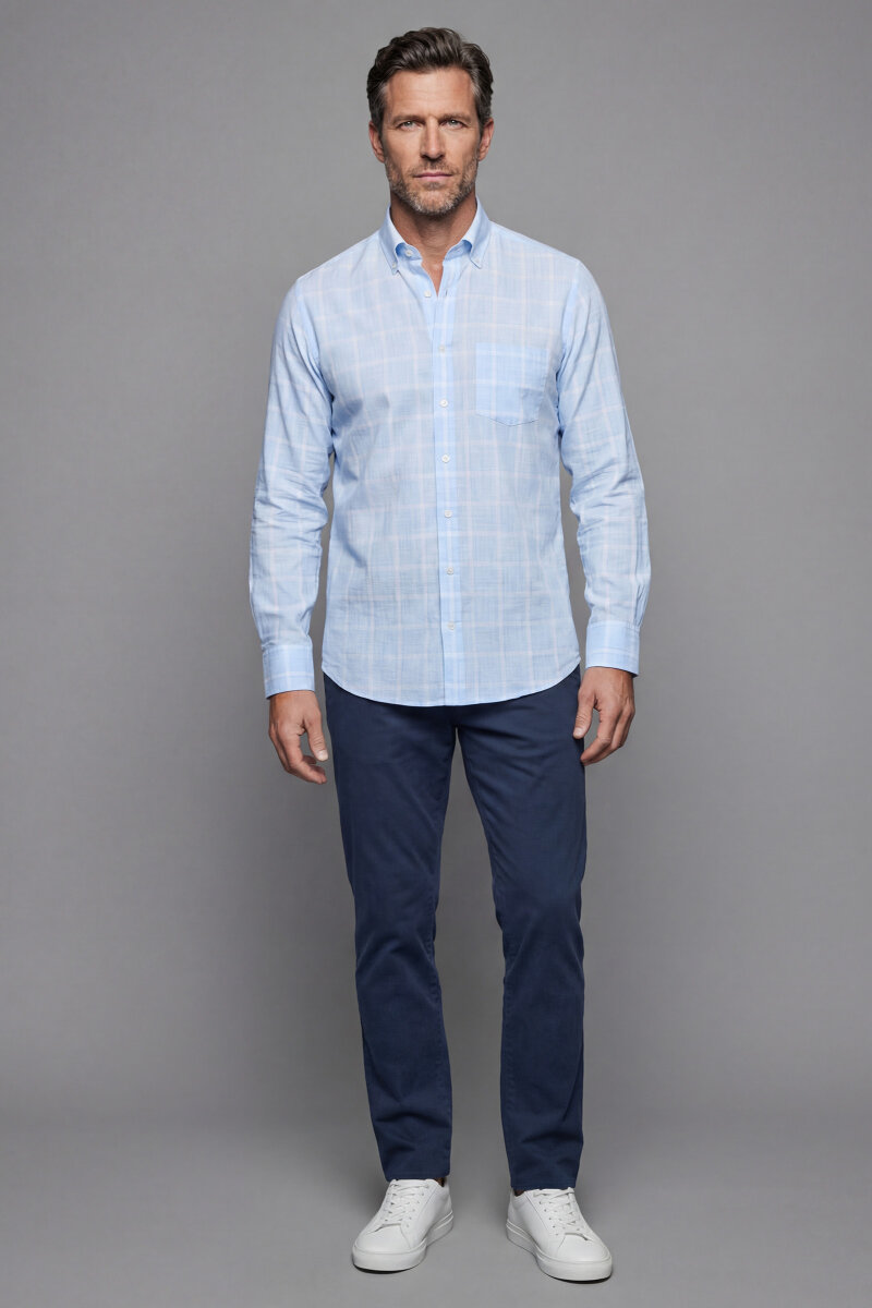 Regular Fit Paşa Yaka Pamuk Mavi Spor Erkek Gömlek - 5