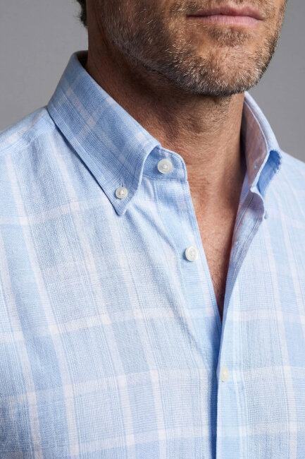 Regular Fit Paşa Yaka Pamuk Mavi Spor Erkek Gömlek - 4