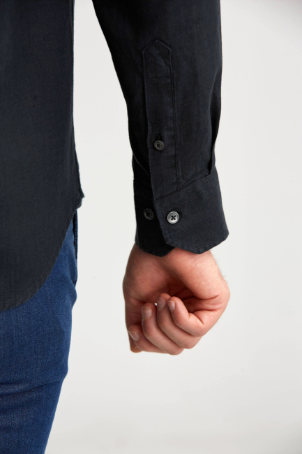 Regular Fit Paşa Yaka Siyah Basic Erkek Gömlek - 3