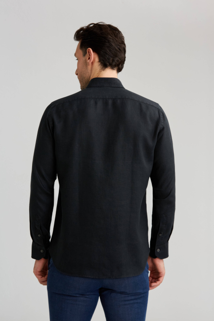 Regular Fit Paşa Yaka Siyah Basic Erkek Gömlek - 2