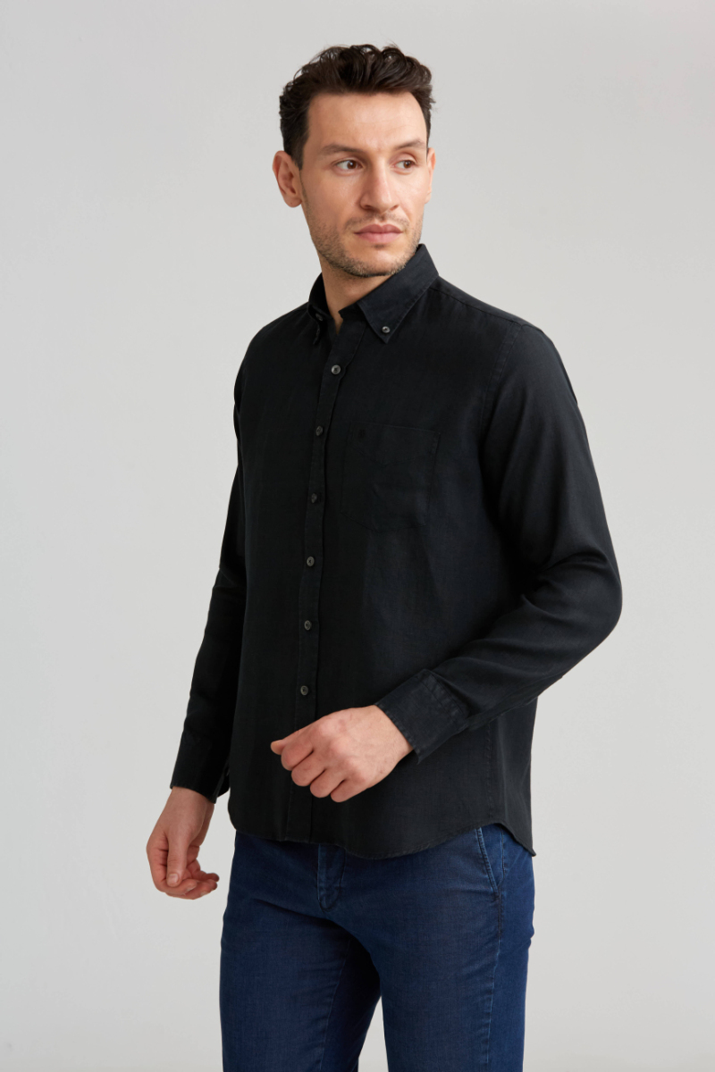 Regular Fit Paşa Yaka Siyah Basic Erkek Gömlek - 5