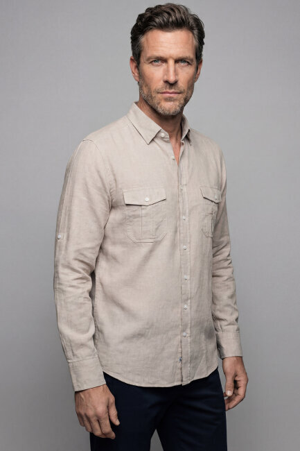 Regular Fit Paşa Yaka Spor Pamuk Kahve Erkek Gömlek - 1