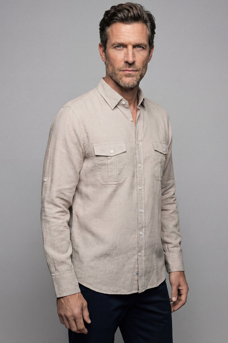 Regular Fit Paşa Yaka Spor Pamuk Kahve Erkek Gömlek - 1