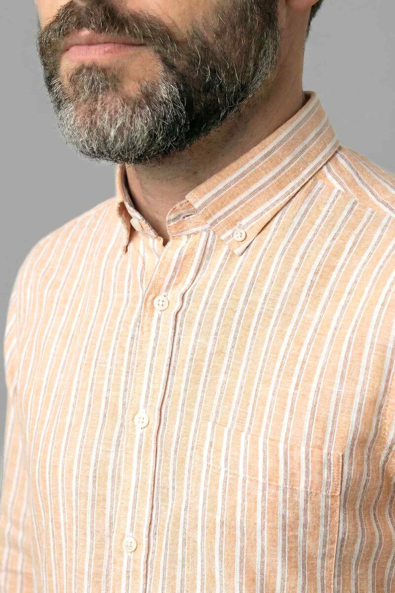 Regular Fit Paşa Yaka Tek Cep Pamuk Keten Hardal Erkek Gömlek - 3