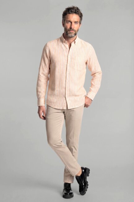 Regular Fit Paşa Yaka Tek Cep Pamuk Keten Hardal Erkek Gömlek - 4