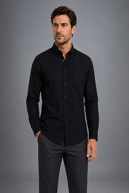 Siyah Regular Fit Keten Cepli Paşa Yaka Gömlek