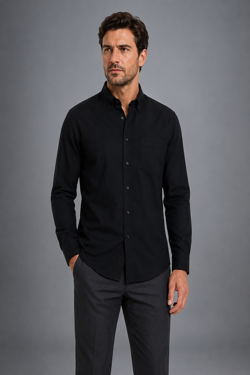 Siyah Regular Fit Keten Cepli Paşa Yaka Gömlek - 1