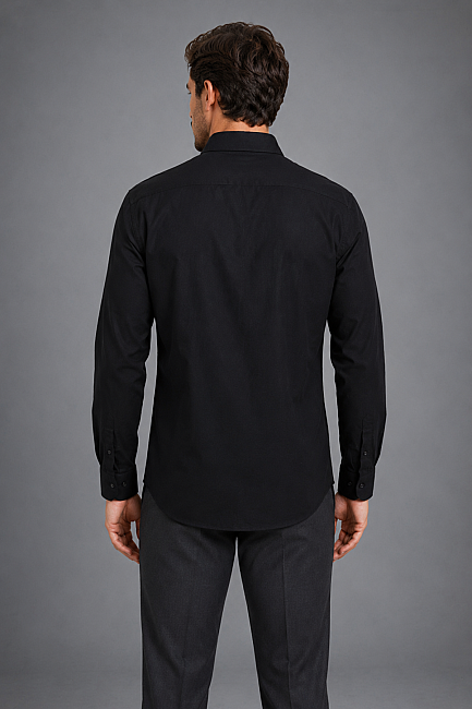 Siyah Regular Fit Keten Cepli Paşa Yaka Gömlek - 2