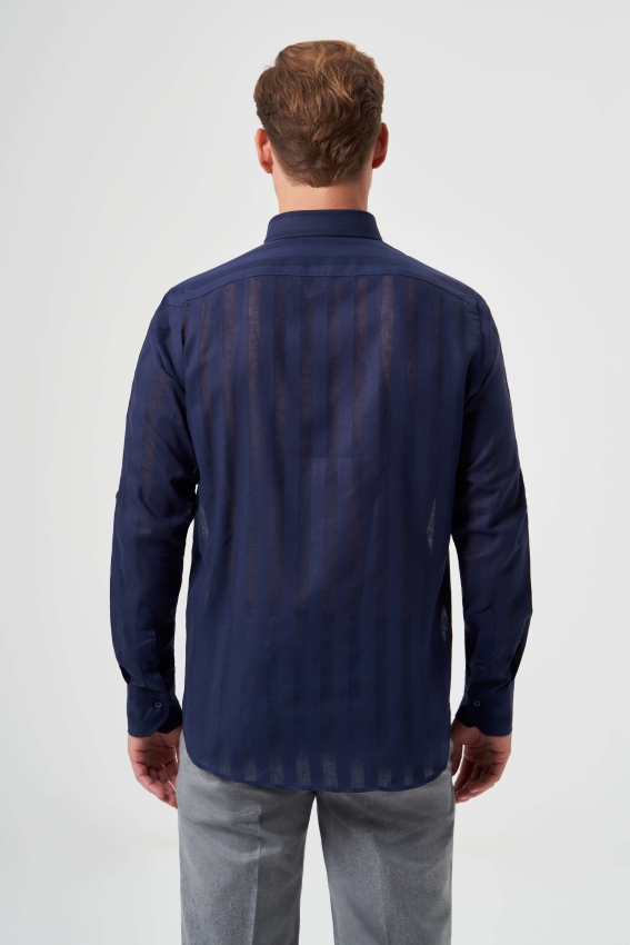 Regular Fit Paşa Yaka Transparan Lacivert Erkek Gömlek (1)