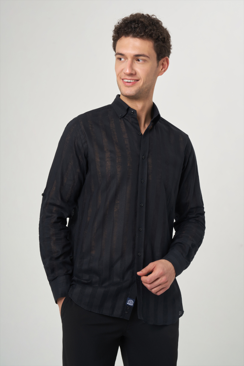 Regular Fit Paşa Yaka Transparan Siyah Erkek Gömlek - 1