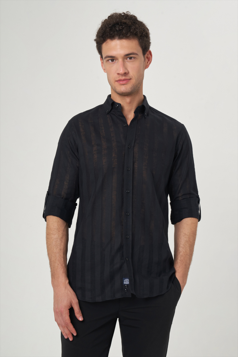 Regular Fit Paşa Yaka Transparan Siyah Erkek Gömlek - 3