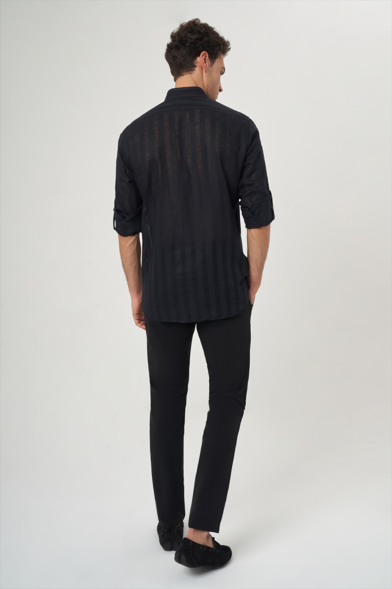 Regular Fit Paşa Yaka Transparan Siyah Erkek Gömlek - 2