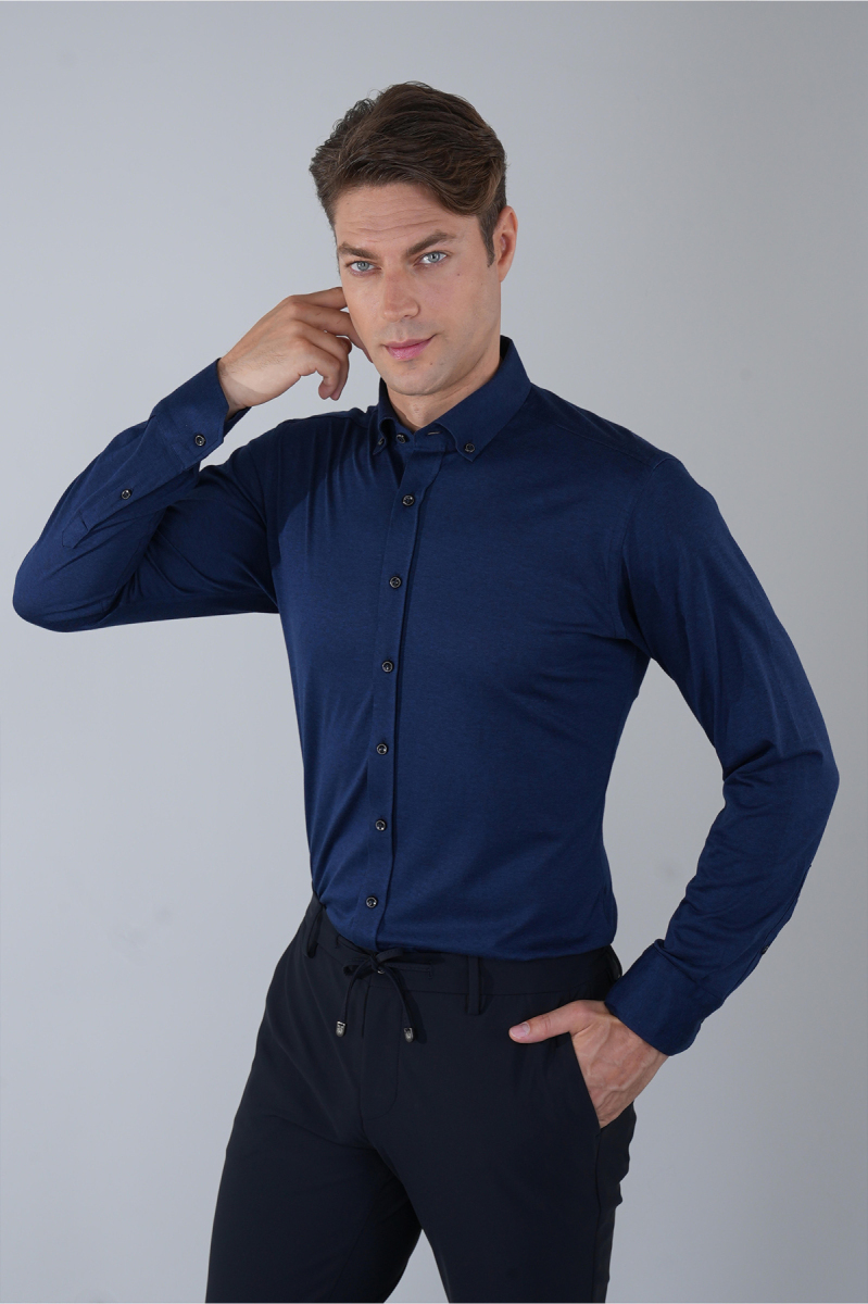 Regular Fit Paşa Yaka Uzun Kollu Erkek Pamuk Gömlek - 1