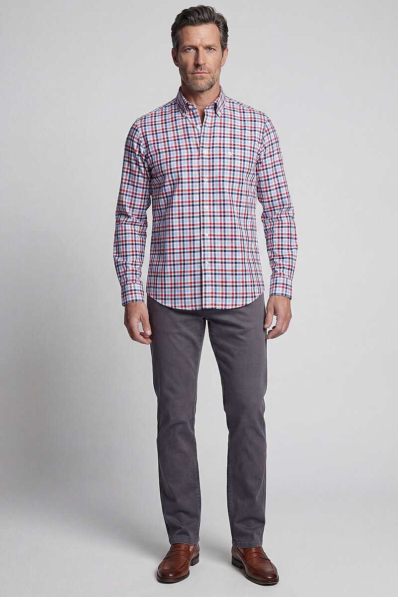 Regular Fit Paşa Yaka Yazlık Ekose Pamuk Kırmızı Erkek Gömlek - 5