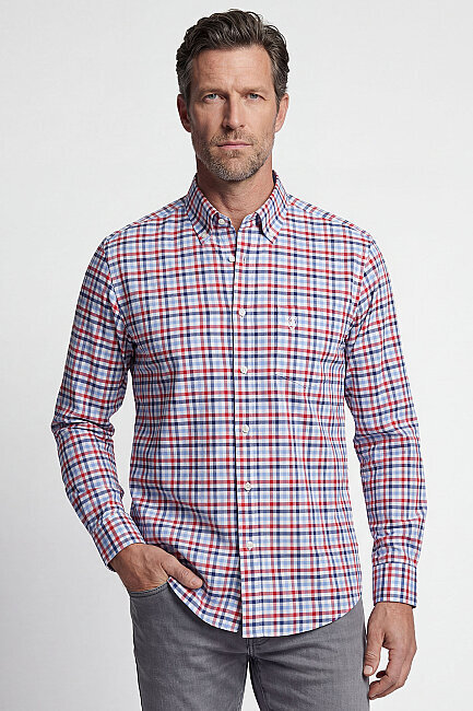 Regular Fit Paşa Yaka Yazlık Ekose Pamuk Kırmızı Erkek Gömlek 