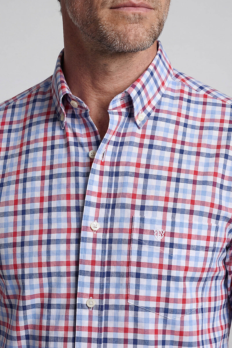 Regular Fit Paşa Yaka Yazlık Ekose Pamuk Kırmızı Erkek Gömlek - 3