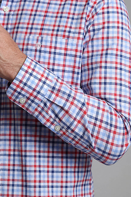 Regular Fit Paşa Yaka Yazlık Ekose Pamuk Kırmızı Erkek Gömlek - 4