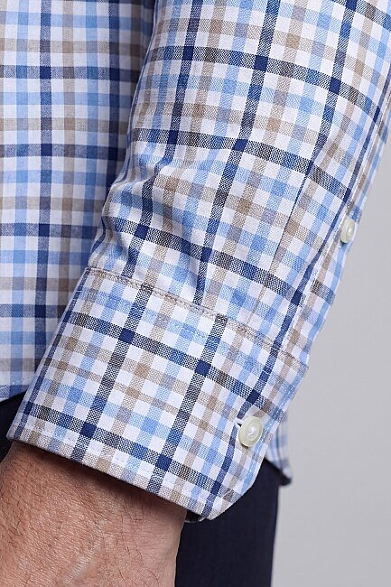 Regular Fit Paşa Yaka Yazlık Ekoseli Pamuk Bej Erkek Gömlek - 3