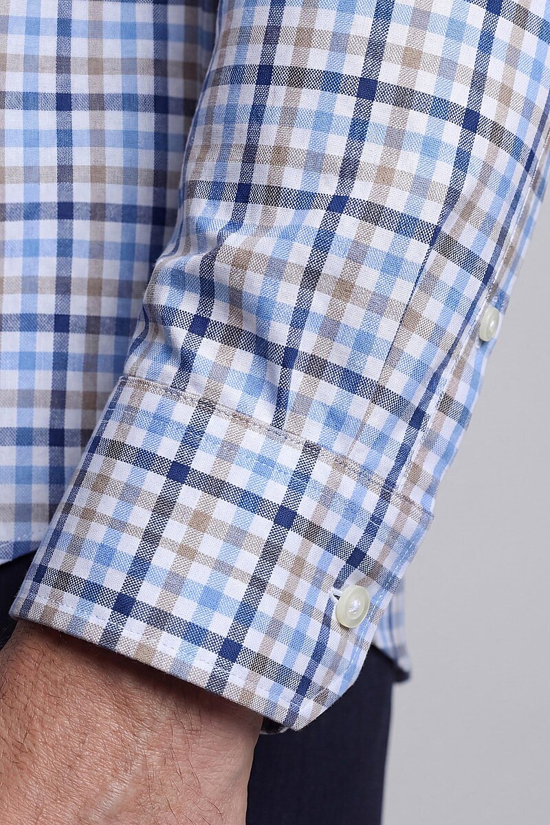 Regular Fit Paşa Yaka Yazlık Ekoseli Pamuk Bej Erkek Gömlek - 3