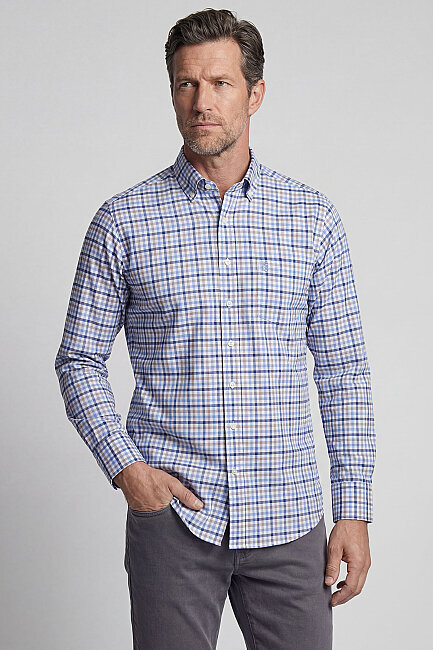 Regular Fit Paşa Yaka Yazlık Ekoseli Pamuk Bej Erkek Gömlek - 1