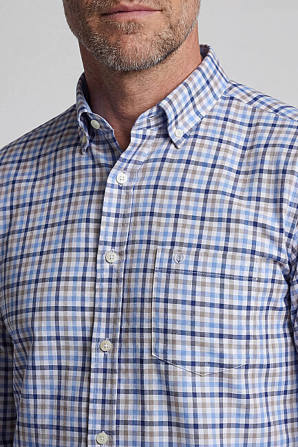 Regular Fit Paşa Yaka Yazlık Ekoseli Pamuk Bej Erkek Gömlek - 4