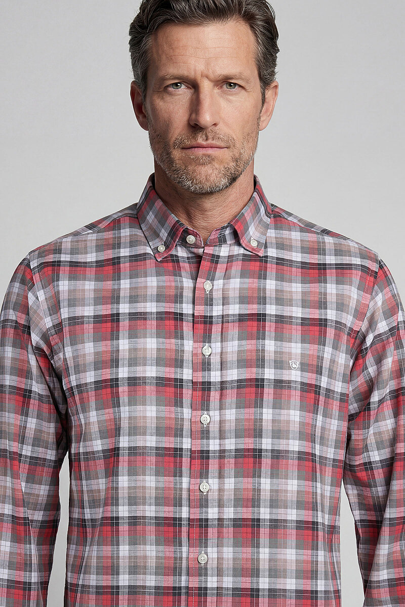 Regular Fit Paşa Yaka Yazlık Ekoseli Pamuk Gri Erkek Gömlek - 3