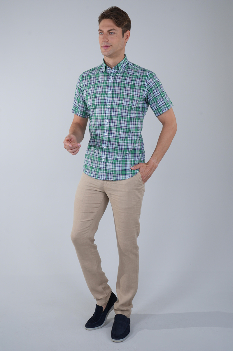 Regular Fit Paşa Yaka Yeşil Desenli Pamuk Keten Erkek Gömlek - 5