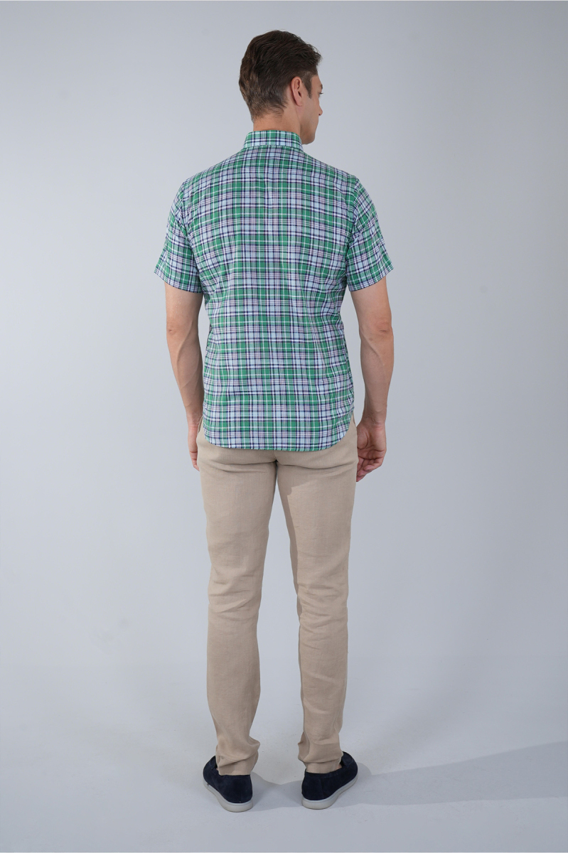 Regular Fit Paşa Yaka Yeşil Desenli Pamuk Keten Erkek Gömlek - 2