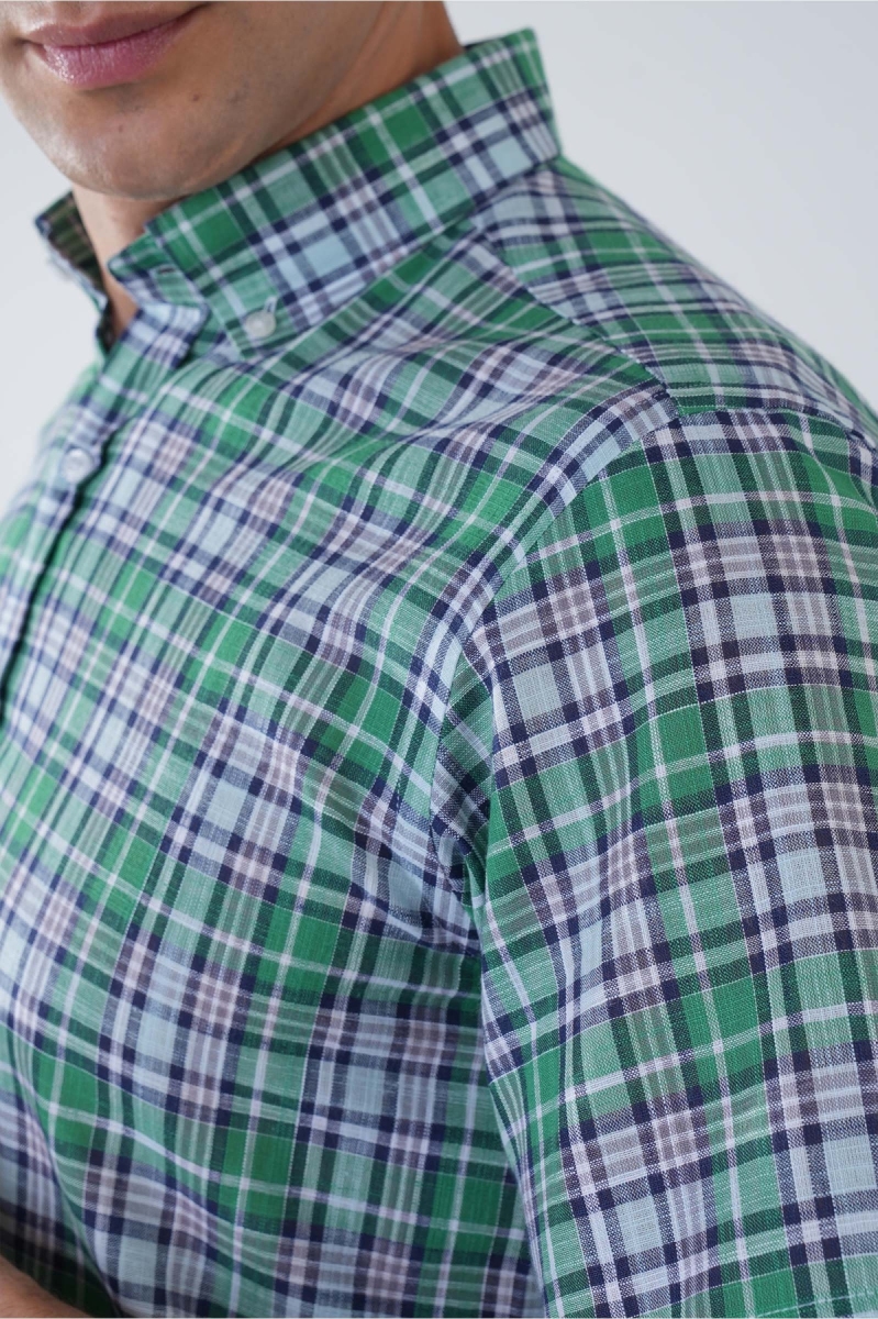 Regular Fit Paşa Yaka Yeşil Desenli Pamuk Keten Erkek Gömlek - 4