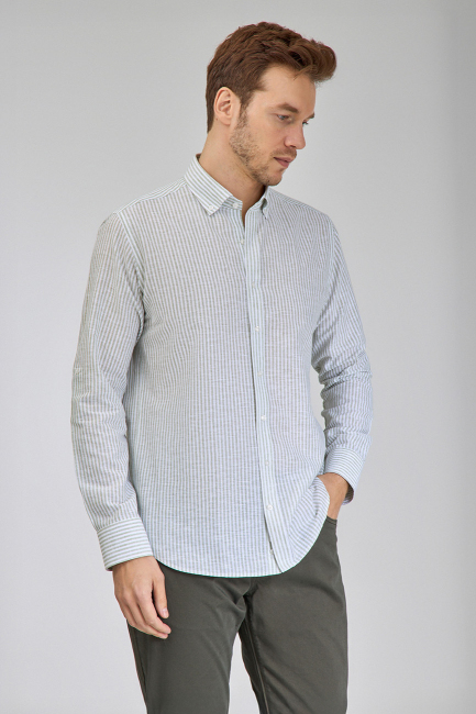 Regular Fit Paşa Yaka Yeşil Erkek Gömlek - 5