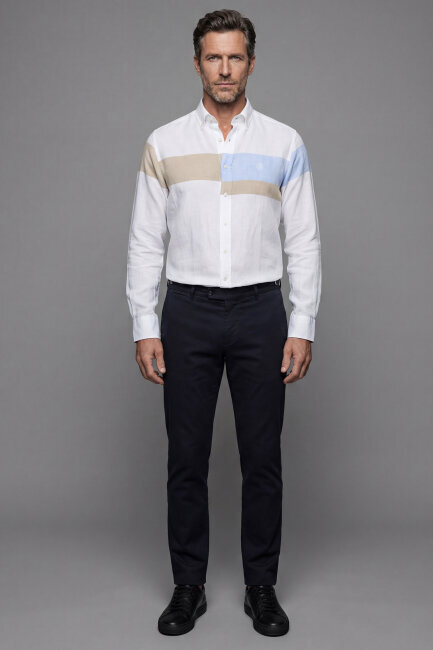 Regular Fit Paşa Yaka Yıkamalı Keten Beyaz Erkek Gömlek - 4