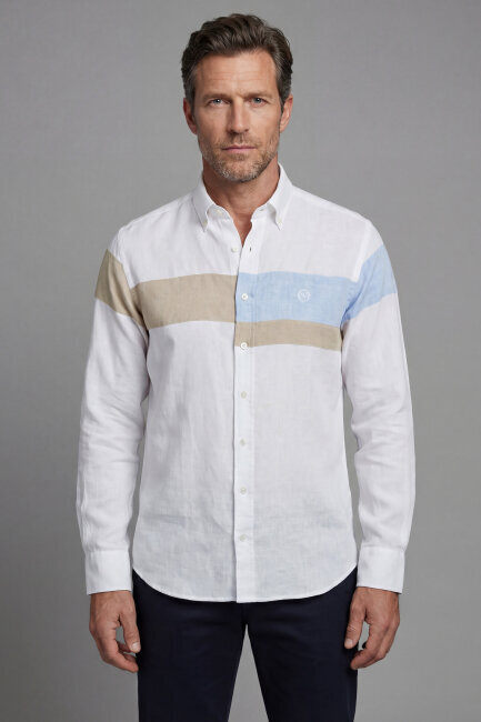 Regular Fit Paşa Yaka Yıkamalı Keten Beyaz Erkek Gömlek - 1