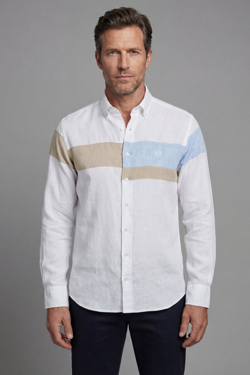 Regular Fit Paşa Yaka Yıkamalı Keten Beyaz Erkek Gömlek - 1