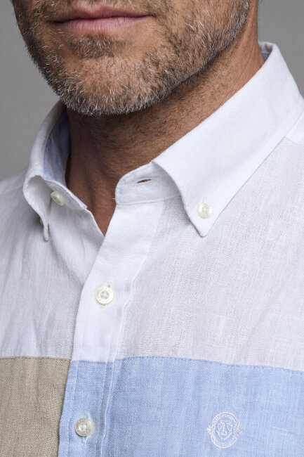 Regular Fit Paşa Yaka Yıkamalı Keten Beyaz Erkek Gömlek - 3