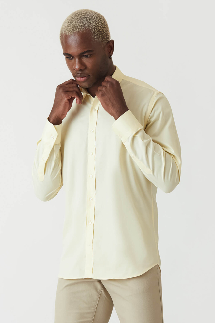 Regular Fit Sarı Uzun Kollu Spor Erkek Gömlek - 4