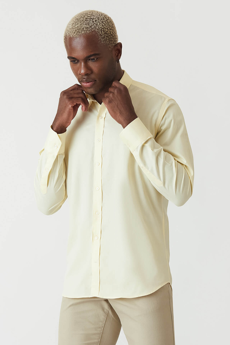 Regular Fit Sarı Uzun Kollu Spor Erkek Gömlek - 4