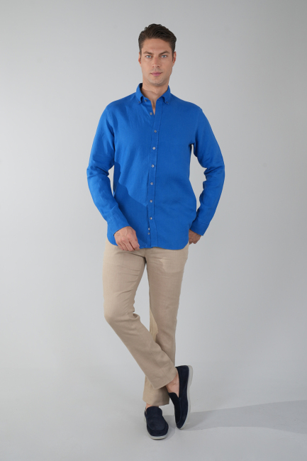 Regular Fit Sedef Düğmeli Uzun Kol Keten Erkek Gömlek - 5