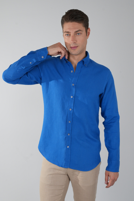 Regular Fit Sedef Düğmeli Uzun Kol Keten Erkek Gömlek - 1