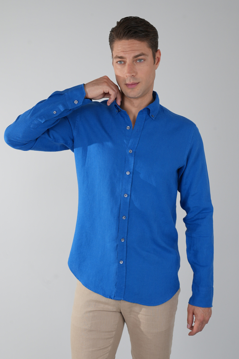 Regular Fit Sedef Düğmeli Uzun Kol Keten Erkek Gömlek - 1